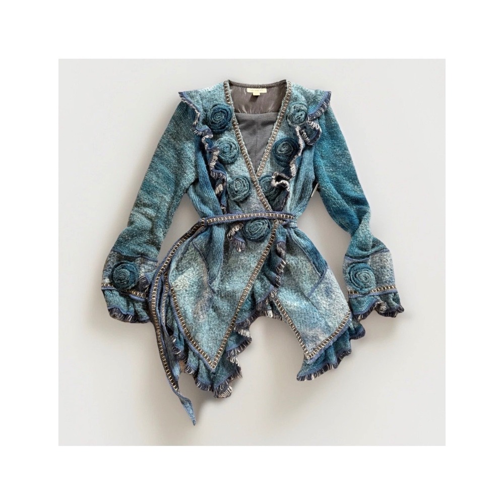 Boston Proper Cardigan Sweater Womens L Blue Rosette Ruffle Wrap Mixed Media P83